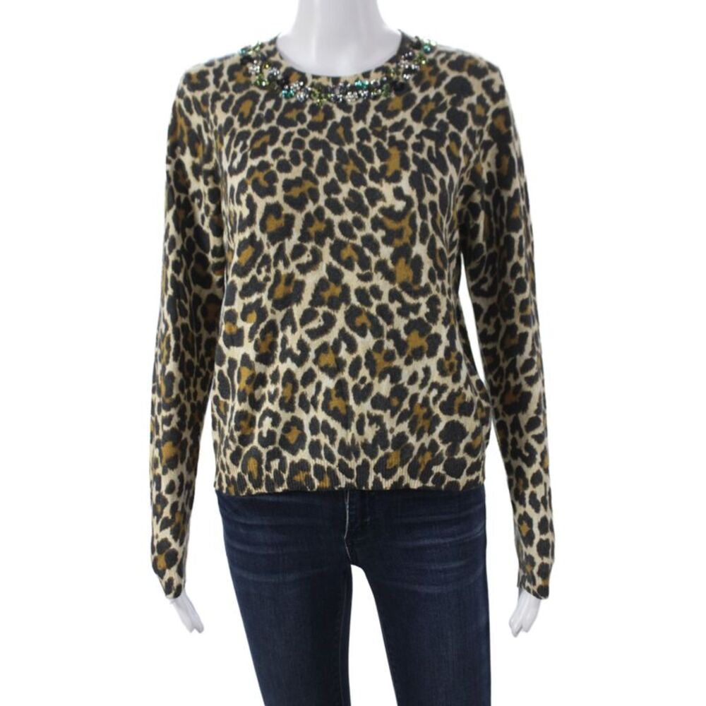 Essentiel Antwerp Women Animal Print Crewneck Pullover Beige Long Sleeve Size S